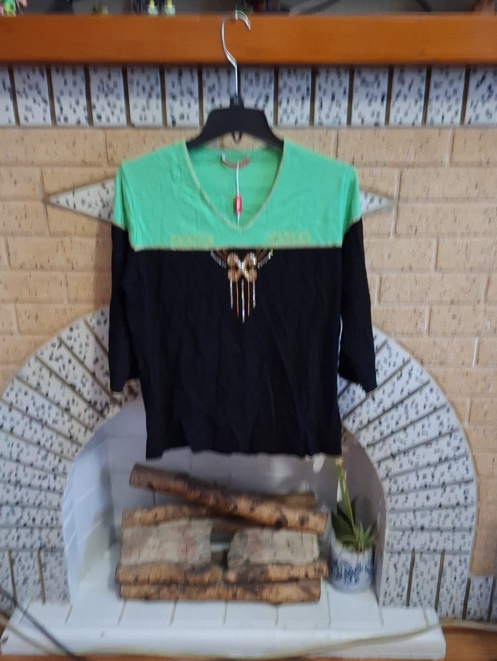 V-Neck Colorblock Long Sleeve Top in Mint and Black with Gold Accent